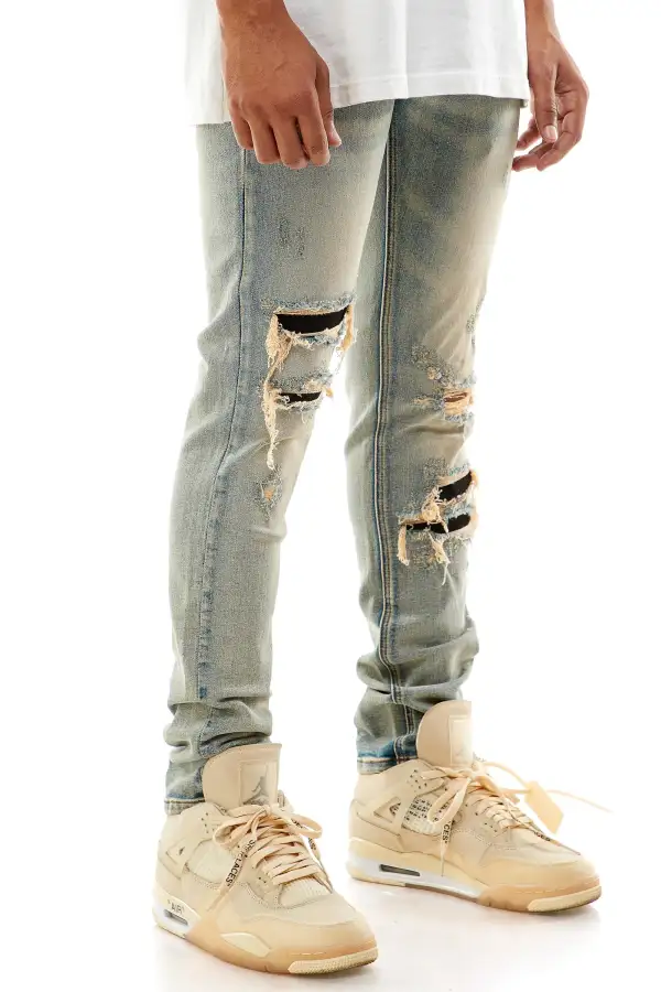 Men's Relaxed Skinny Distressed Patchwork Jeans
