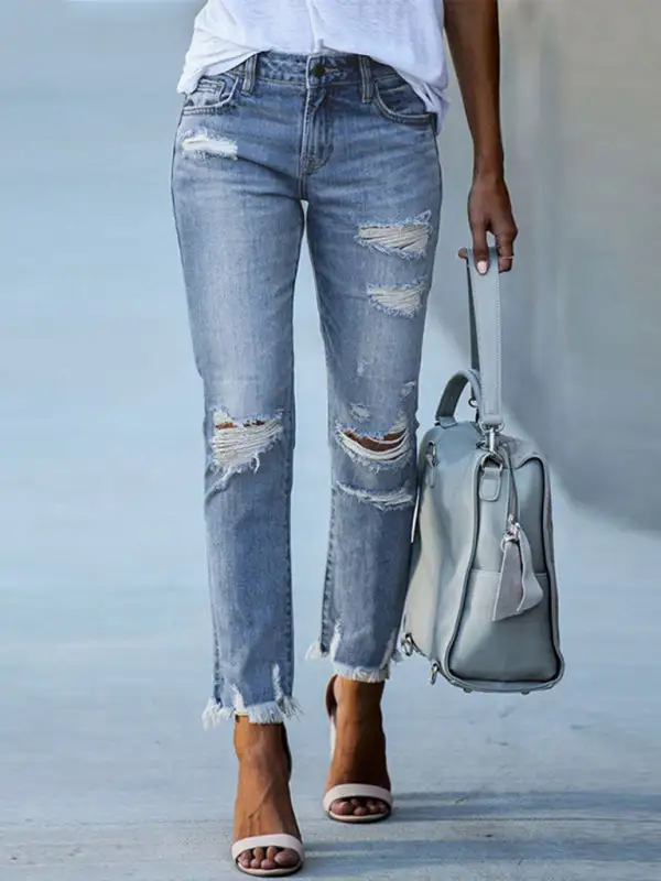 Straight Leg Ripped Denim Jeans