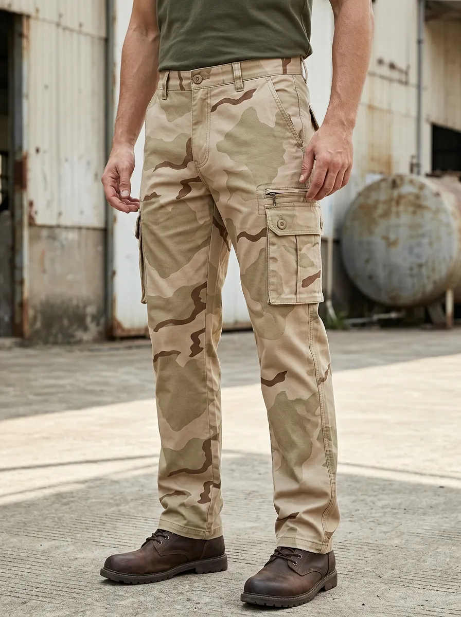 Men's Tactical Desert Camo Zipper Utility Pocket Straight Leg Cargo Pants