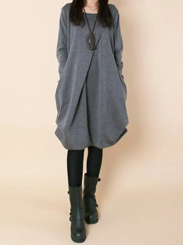 A Line Long Sleeve Pleated Solid Color Round Neck Dress Maxi