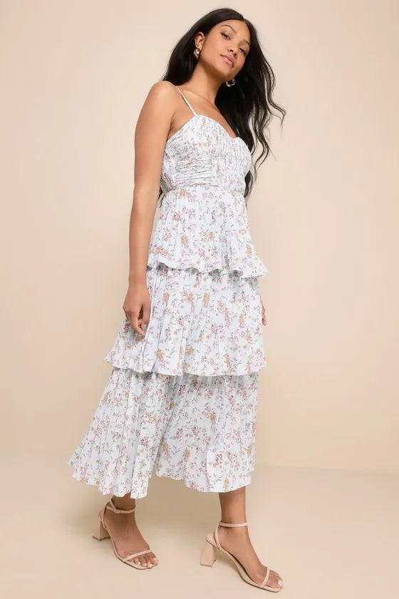 Cascading Crush Light Blue Tiered Bustier Midi Dress