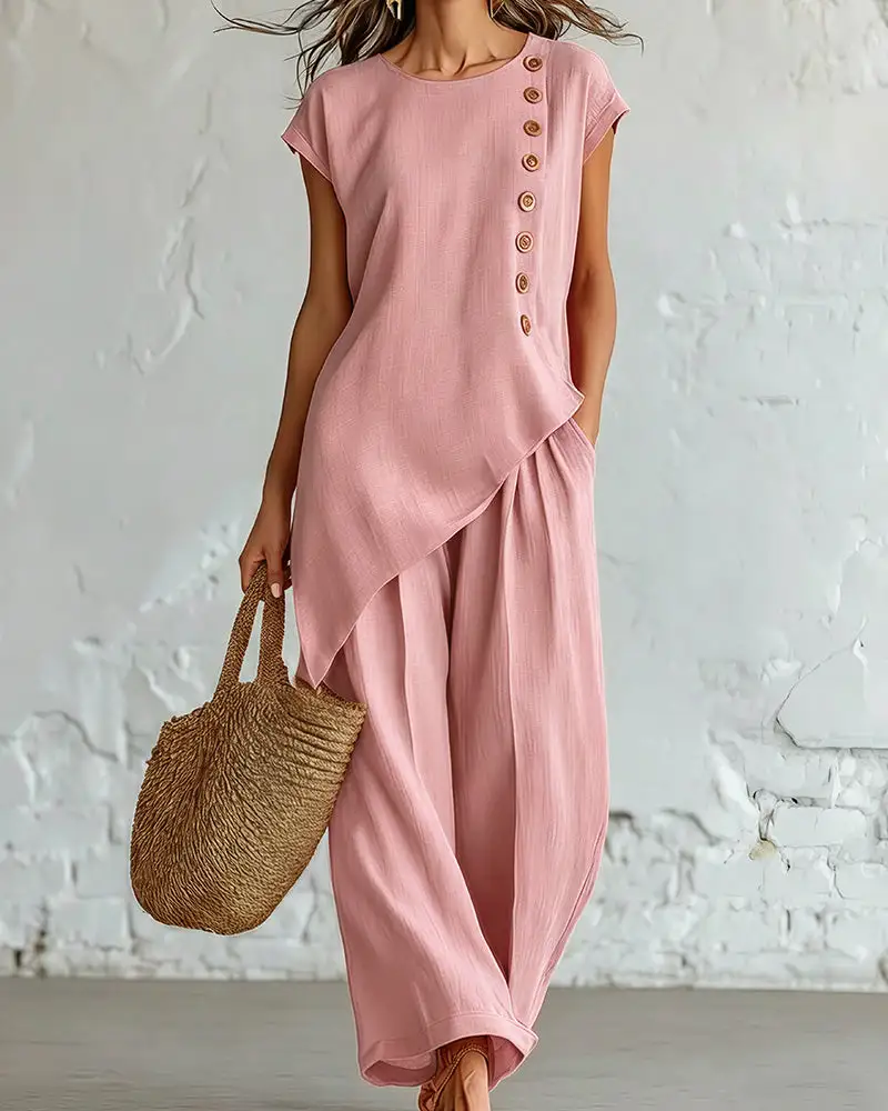 Asymmetrical Button Top and Wide-Leg Pants Lounge Set
