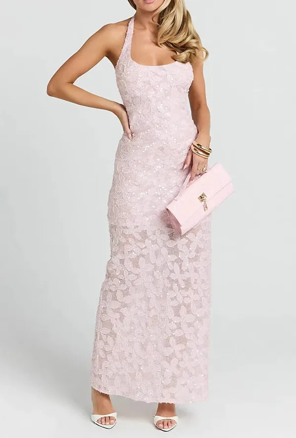 Bodycon Halter Neck Sequin Maxi Dress