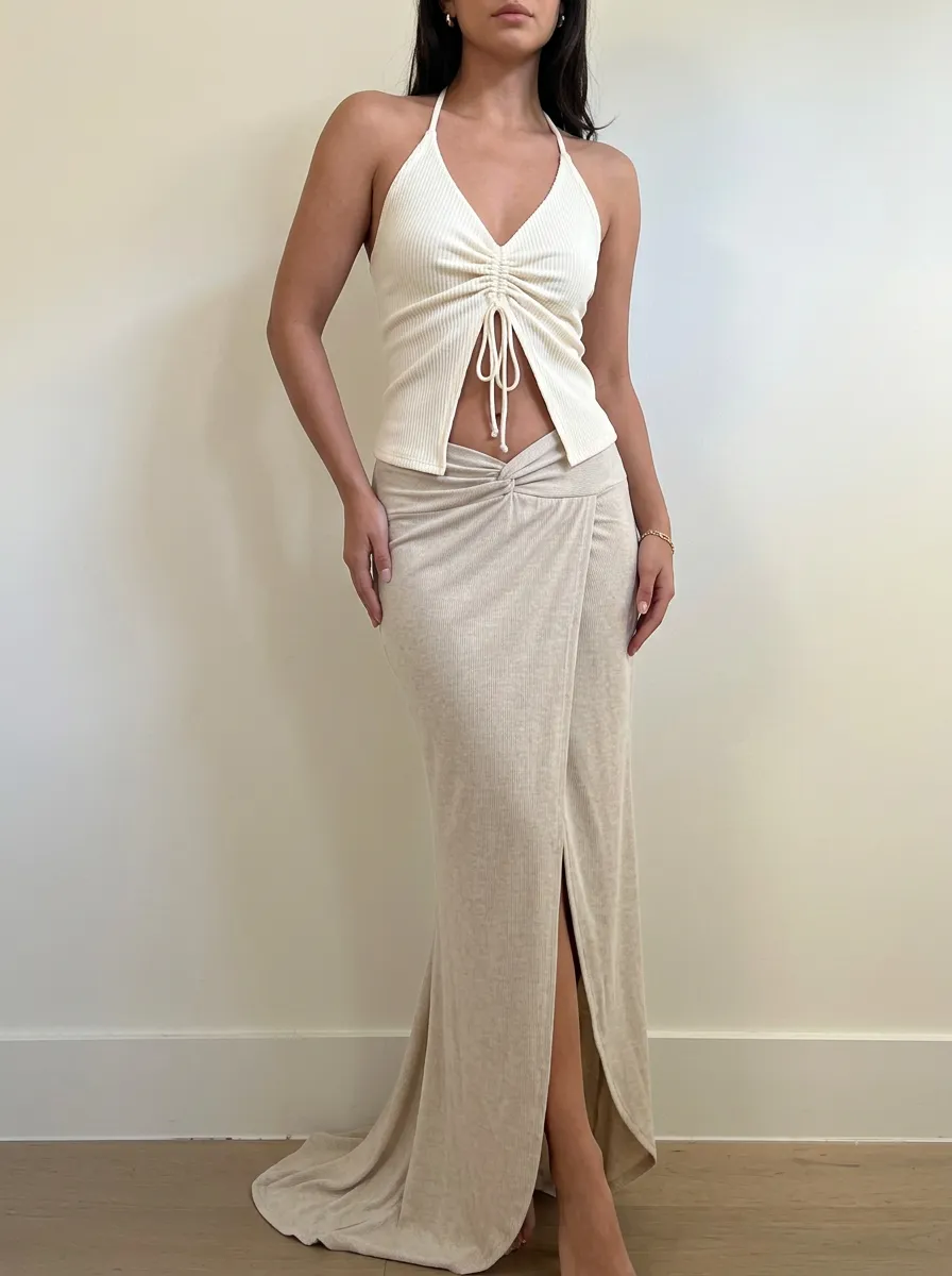 Women's Sexy Halter Ruched Top and Slit Maxi Skirt Set