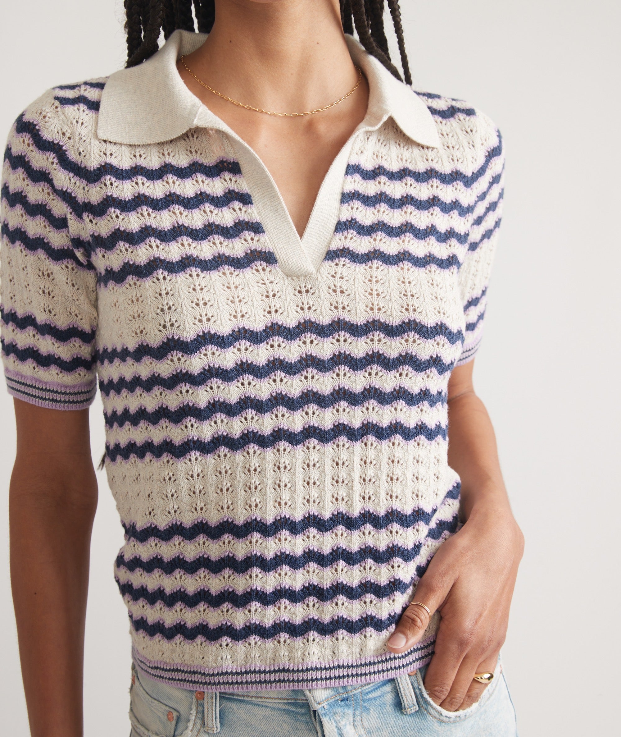 Striped Short Sleeve Polo Sweater