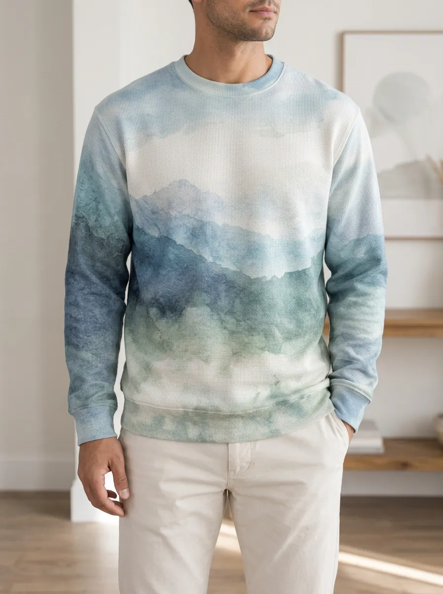 Men's Blue Landscape Waffle Crewneck Pullover Sweatshirt