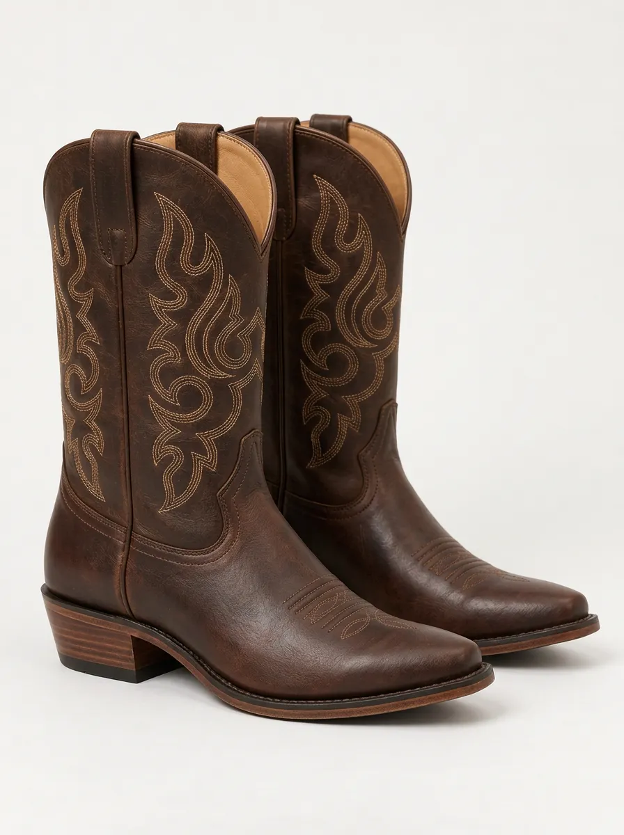Unisex Brown Printed Cowboy Boots with Embroidered Design