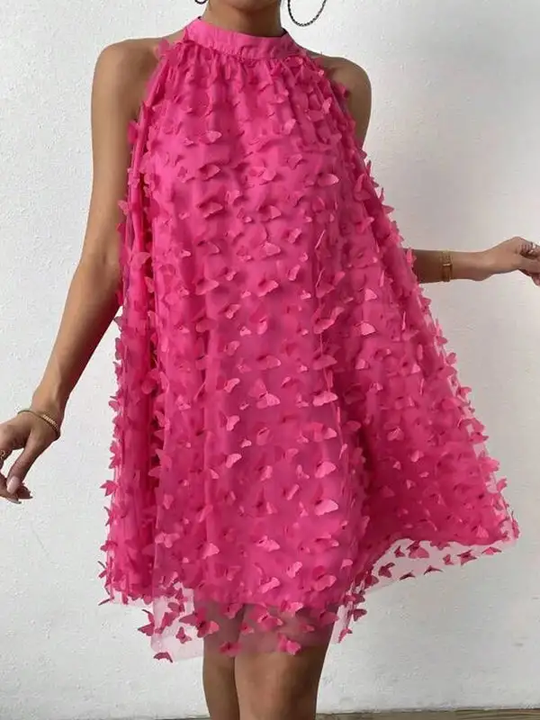 Relaxed Sleeveless Jacquard Pleated Solid Color Split Joint Stand Collar Mini