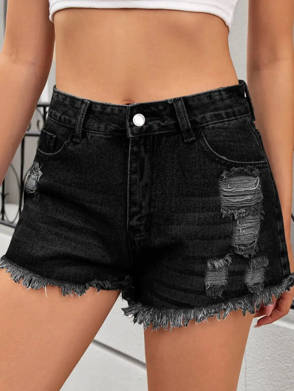 Tailored Distressed Raw Hem Denim Shorts