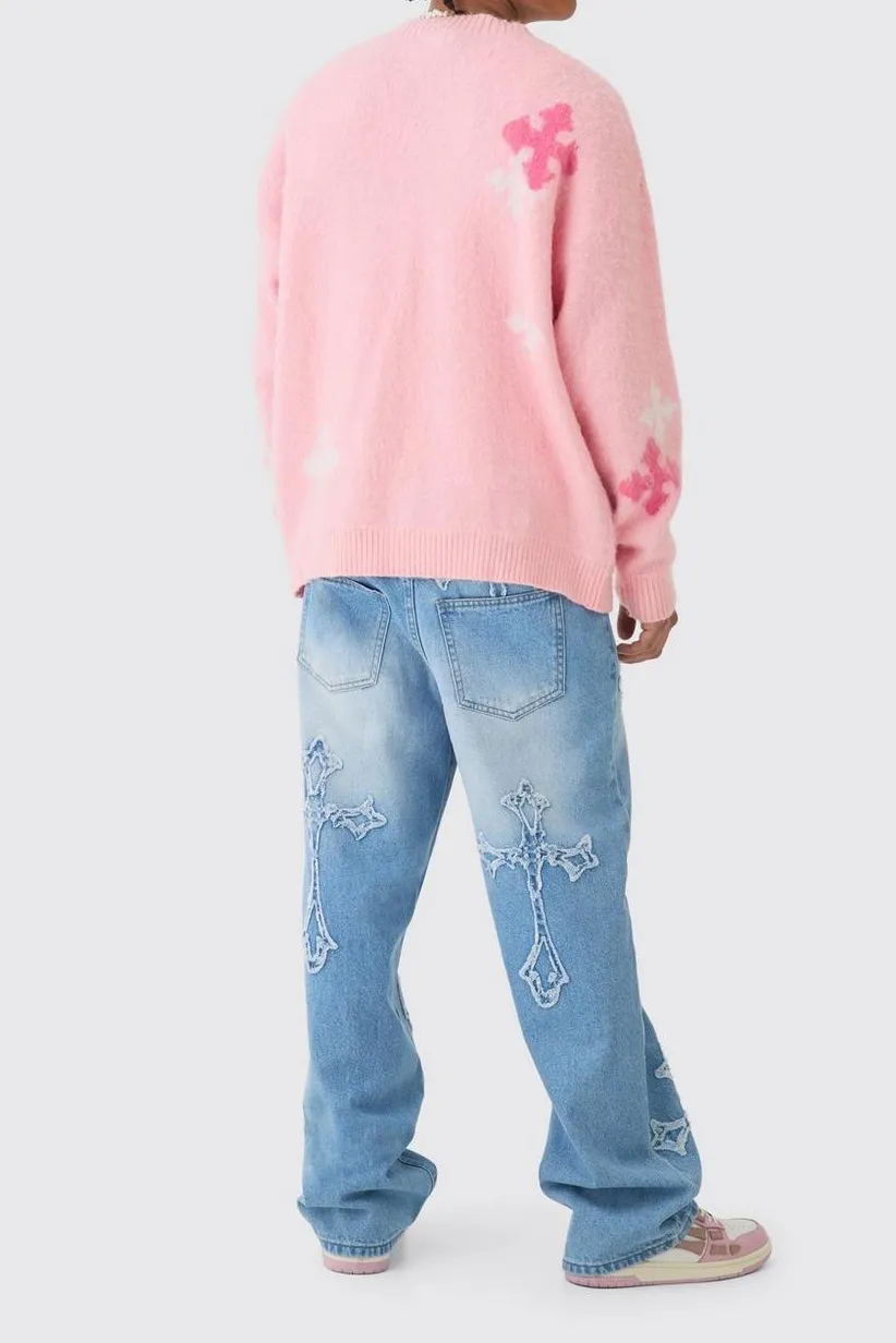 Casual Style Baggy Rigid Washed Blue Cross Applique Jeans