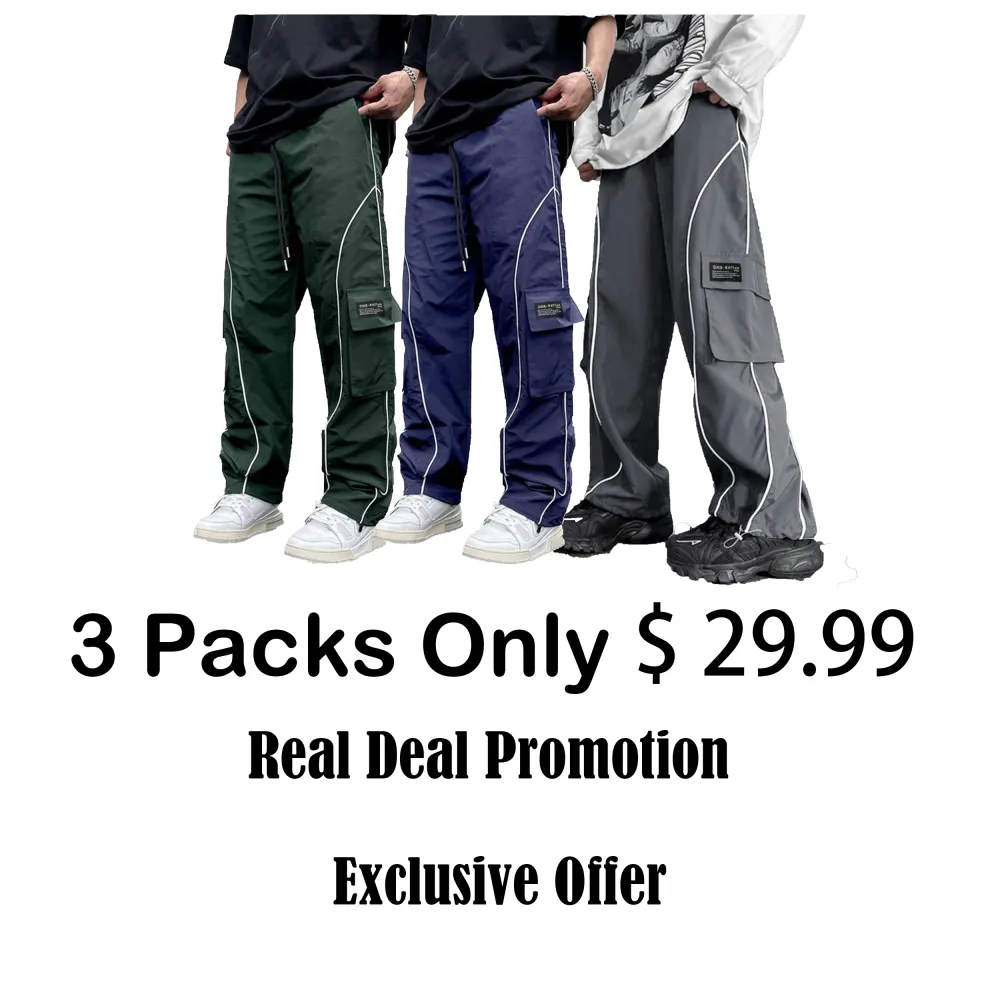 Men’s Loose Fit Cargo Pants with Letter Patch & Contrast Binding – Casual Drawstring Trousers for Spring, Fall & Winter