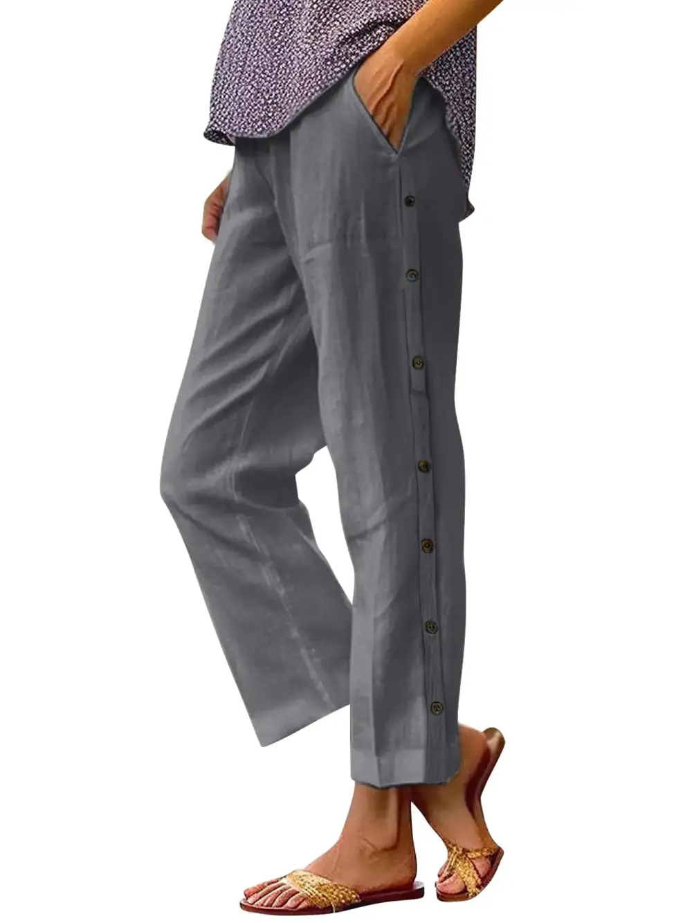 Side Decor Button Casual Wide Leg Pants