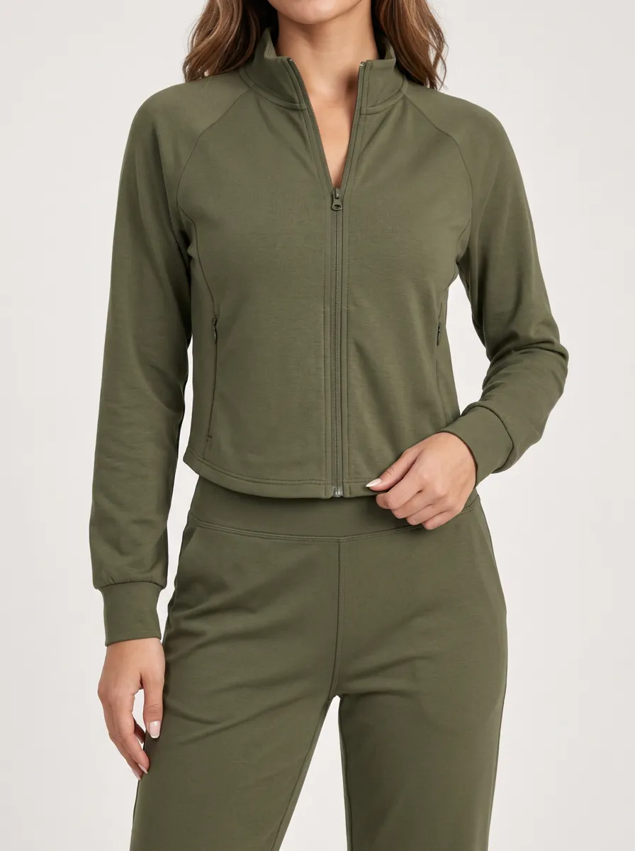 Versatile Zip Front Stand Collar Relaxed Fit Women's Long Sleeve Zip Two Piece Set
