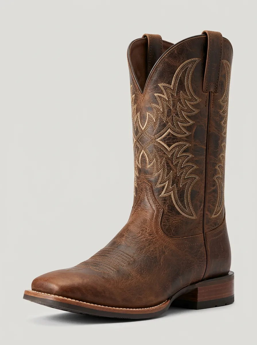 Men's Western Cowboy Distressed Brown Embroidered Square Toe Boots