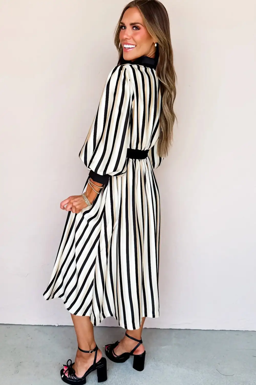 Striped Button Front Puff Sleeve Midi Dress