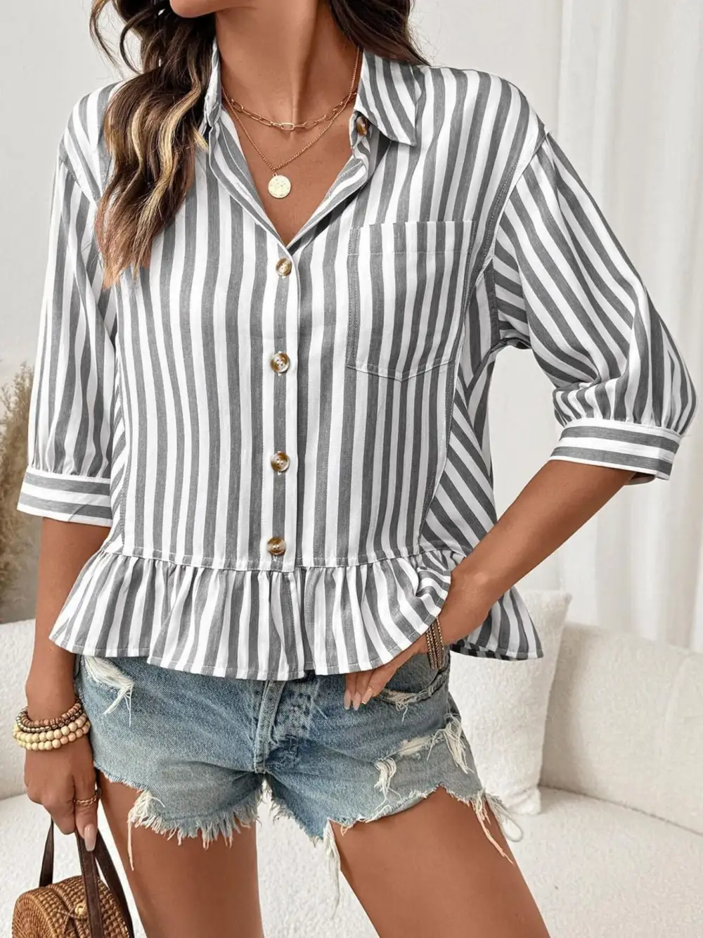 Striped Ruffle Hem Button Down Shirt