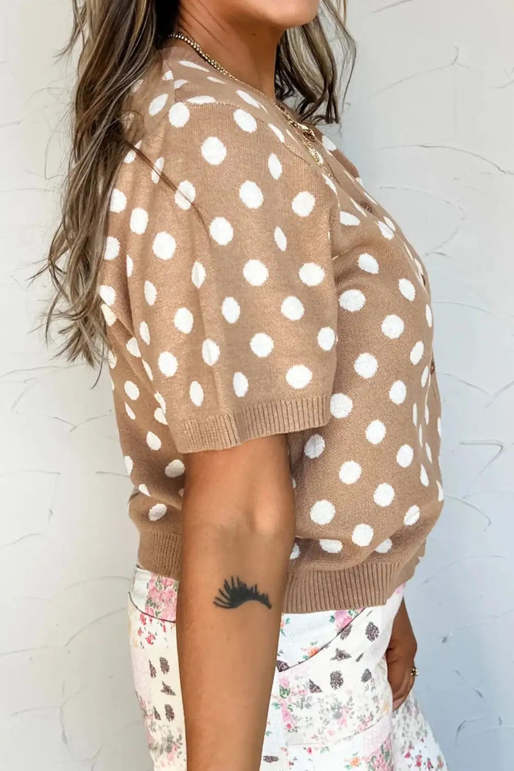 Polka Dot Short Sleeve Button Front Cardigan