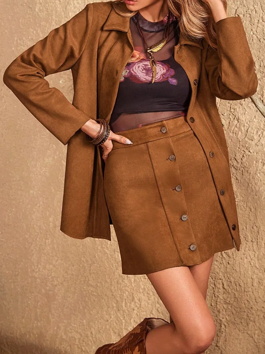 Button Up Collared Neck Jacket and Skirt Set