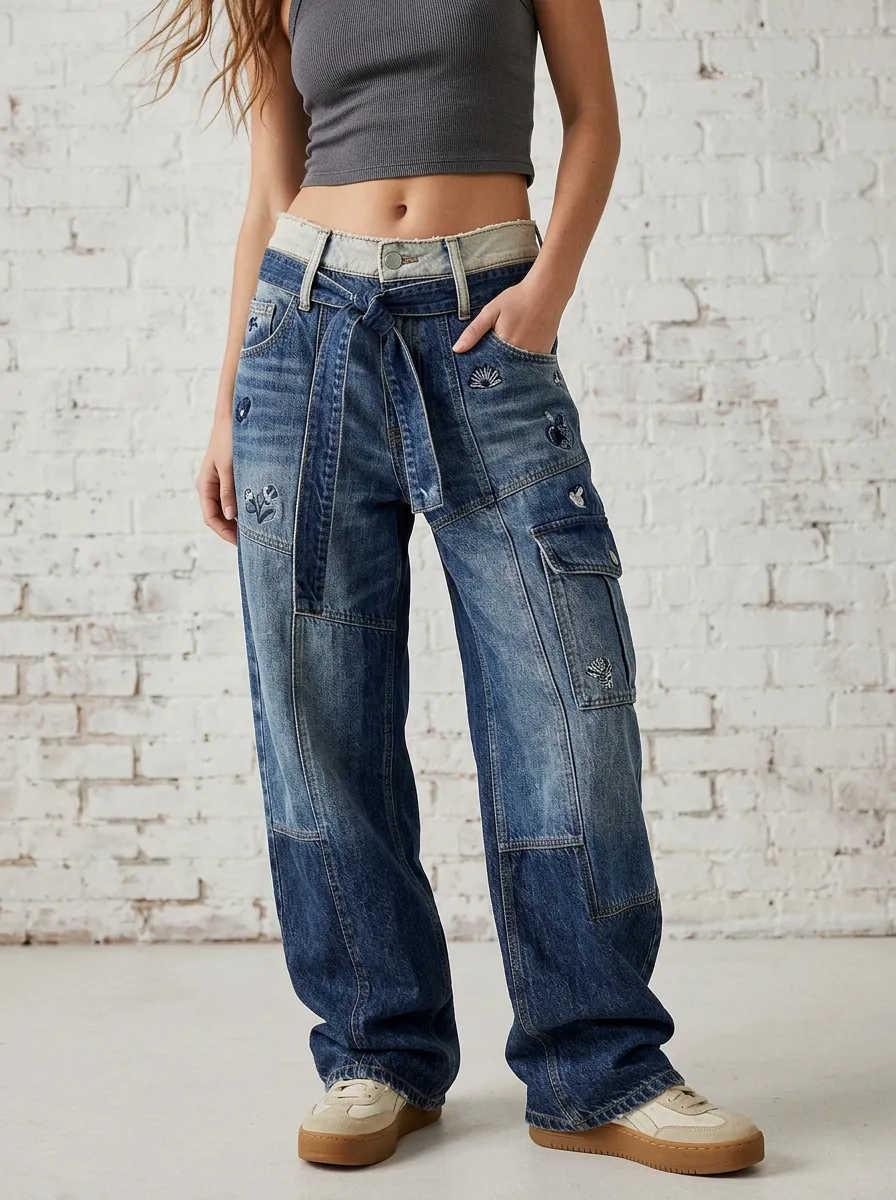 Women's Boho Floral Embroidered Patchwork Printed Denim Jeans