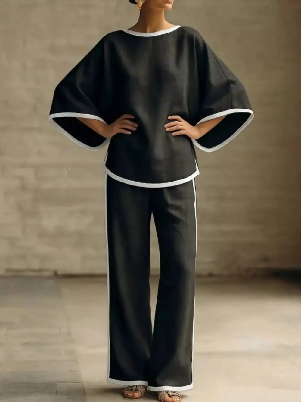 Full Size Contrast Trim Top and Wide Leg Pants