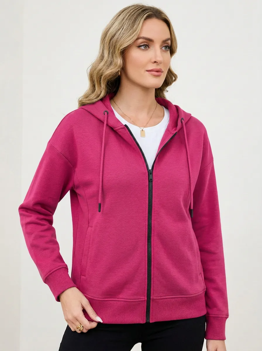 Plain Zip-Up Women's Zip-Up Hooded Jacket
