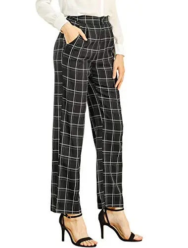 Women's Plaid Pants Elastic Waist Casual Work Office Long Trousers