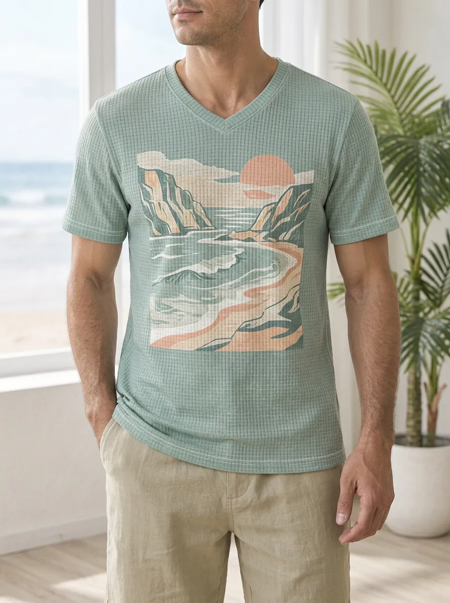 Men's Scenic Beach Sunset Landscape Waffle V-Neck T-Shirt