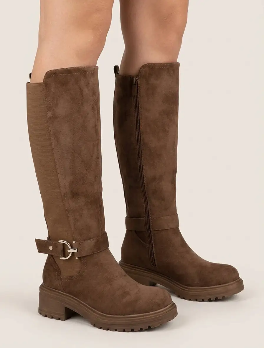 Classic Stretch Panel Strap Detail Block Heel Faux Suede Knee High Boots