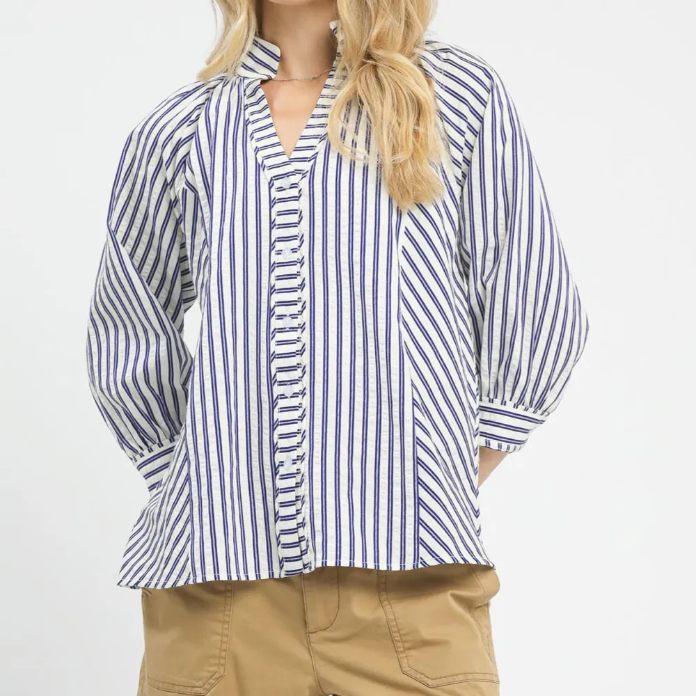 Striped V Neck Button Down Top