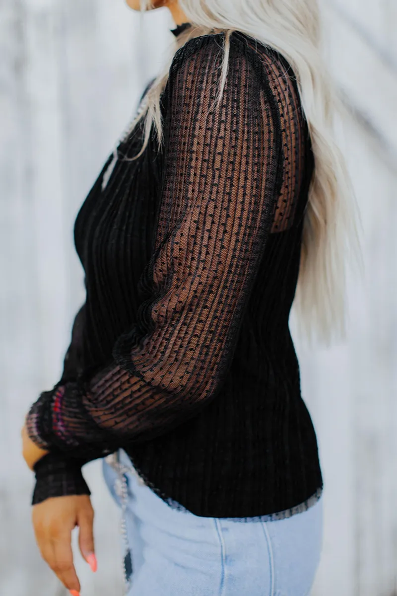 Dotty Lace Sheer Mock Neck Long Sleeve Blouse
