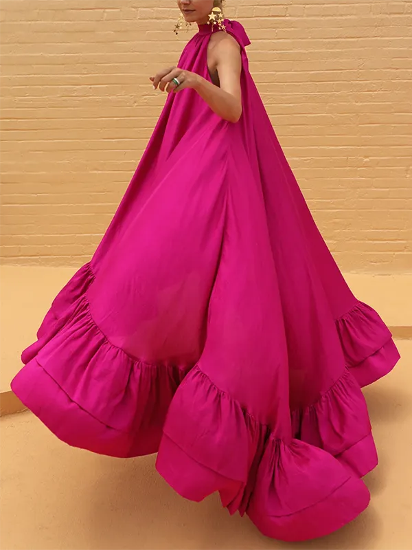 Loose Sleeveless Falbala Stand Collar Maxi Dress