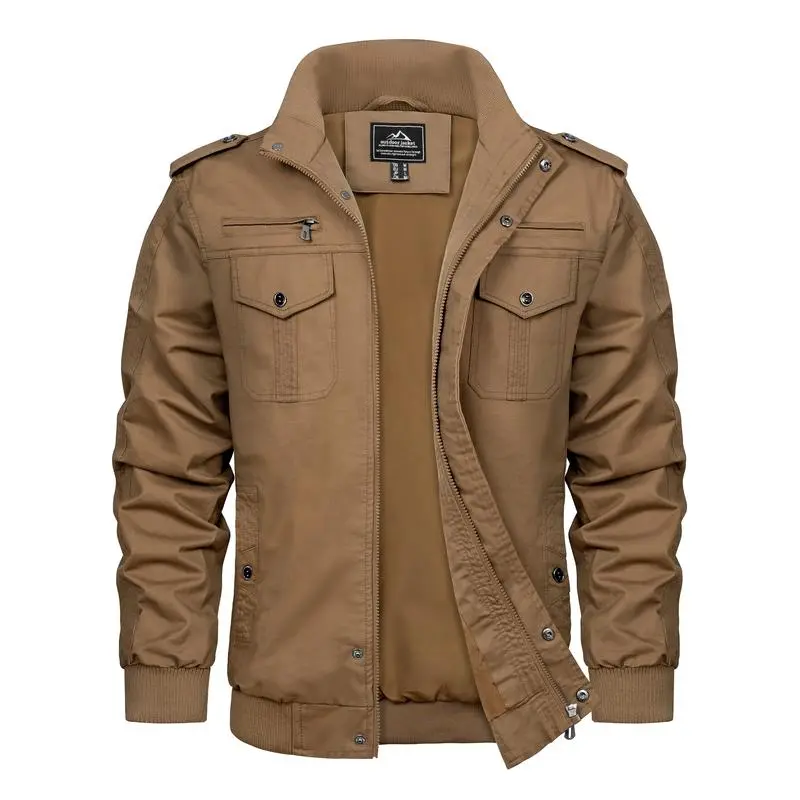 Men's Cotton Jacket Full Zip Lightweight Cargo Work Casual Jacket Outwear Coat Menswear Tops Underwear Human Long Sleeve Beige Plain