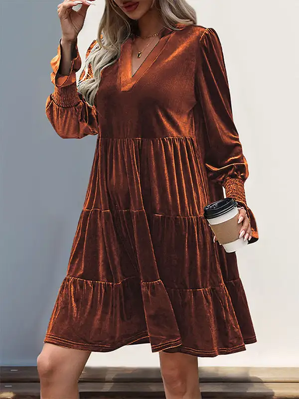 A Line Long Sleeve Pleated Solid Color Velvet V Neck Mini