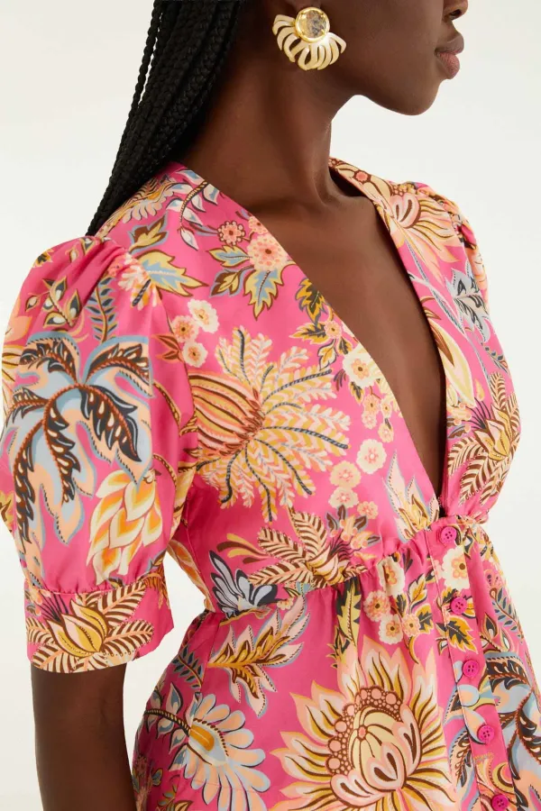 Organic-Cotton Cotton Floral Puff-Sleeve Blouse