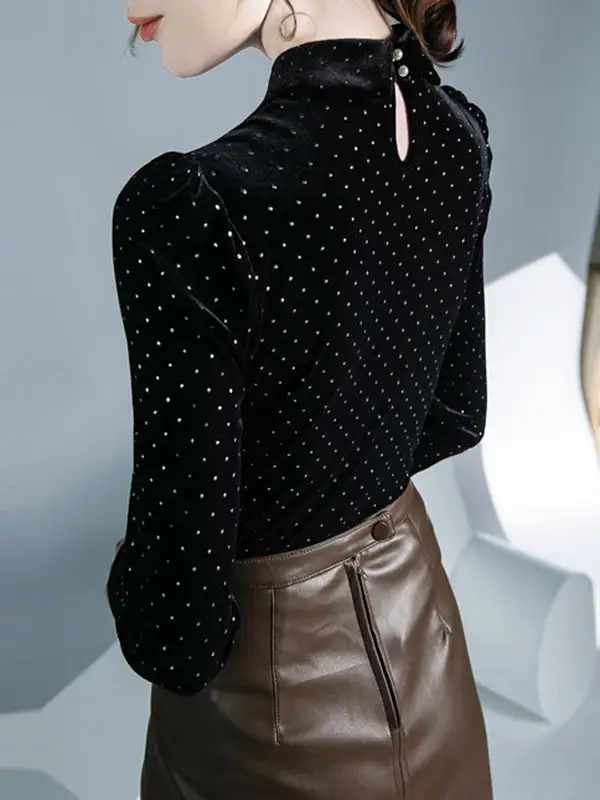 Long Sleeve Slim Fit Button Detail Polka Dot Panel Detail Lapel T-Shirt