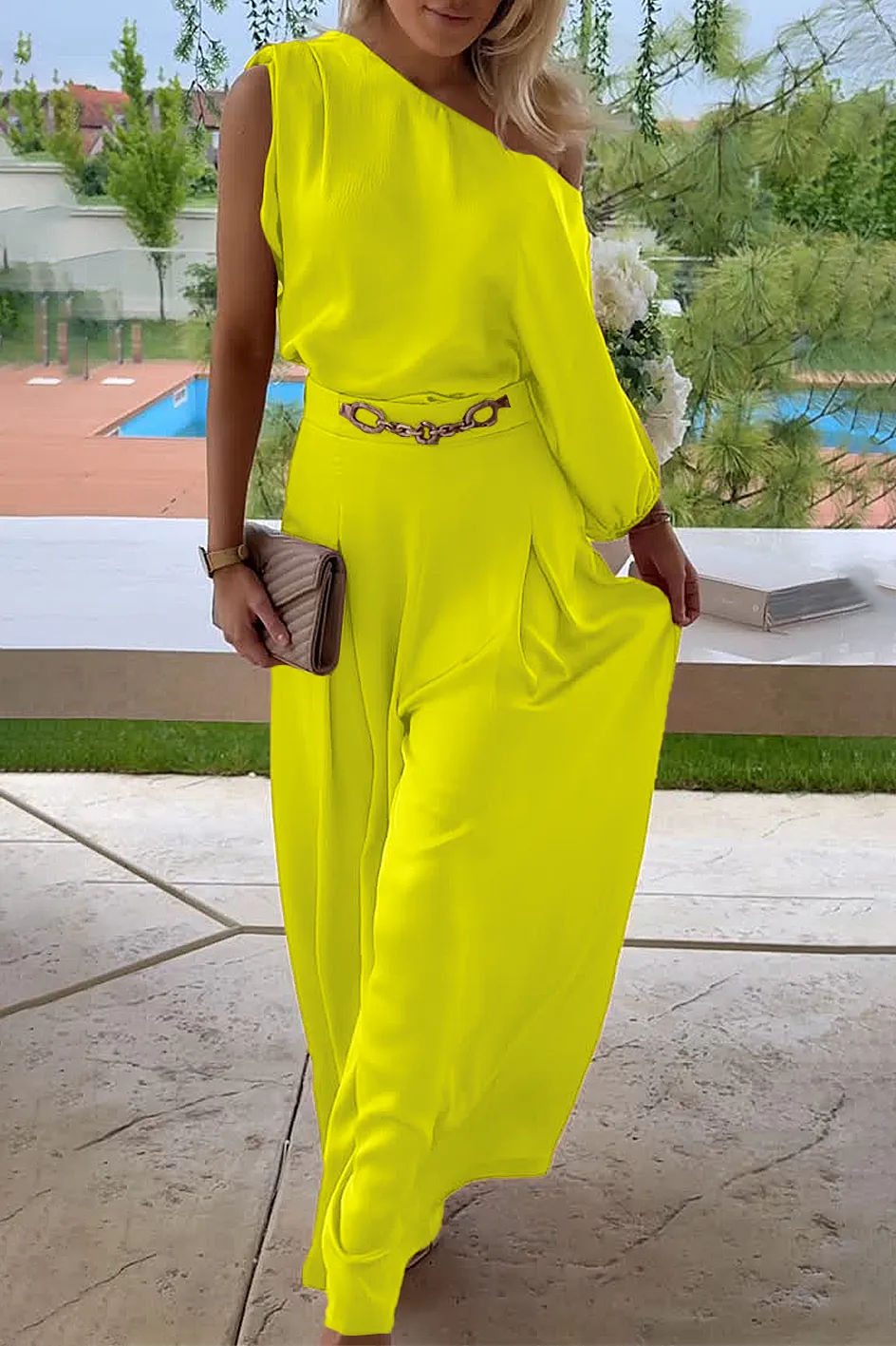 Women'S Casual One Shoulder Top & Wide Leg Pants Set