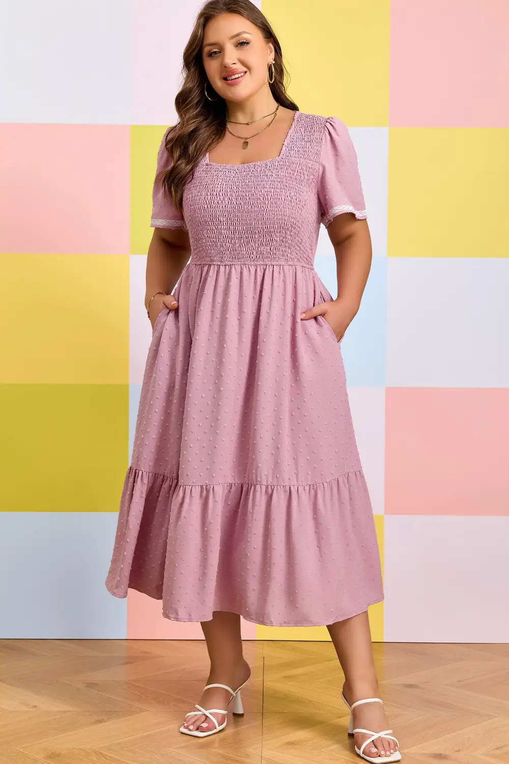 Smocked Short Sleeve High Waist Midi Dress