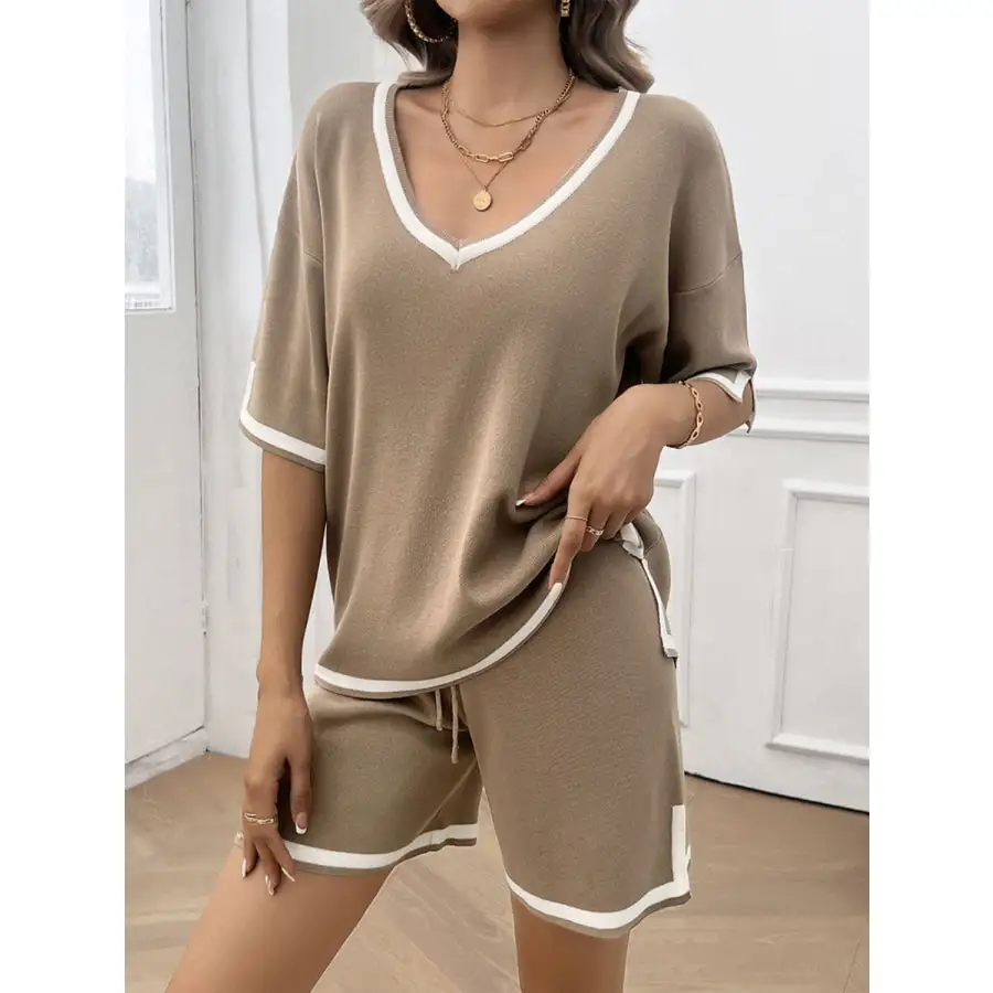 Contrast Trim V Neck Top and Shorts Set