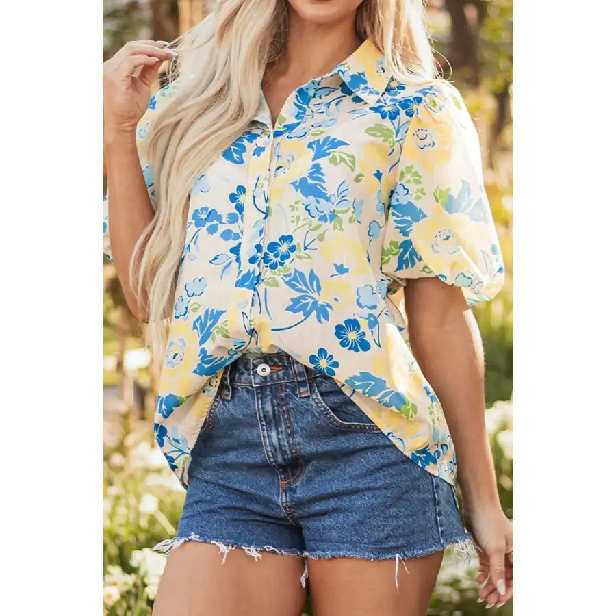 Printed Puff Sleeve Button Down Summer Shirt