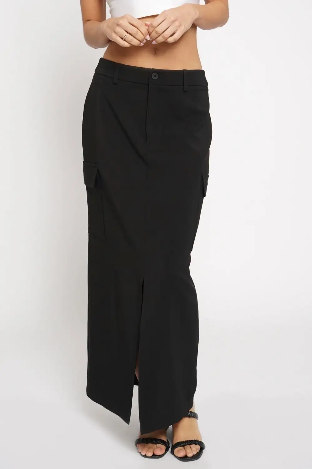 Cargo Front Slit Midi Skirt