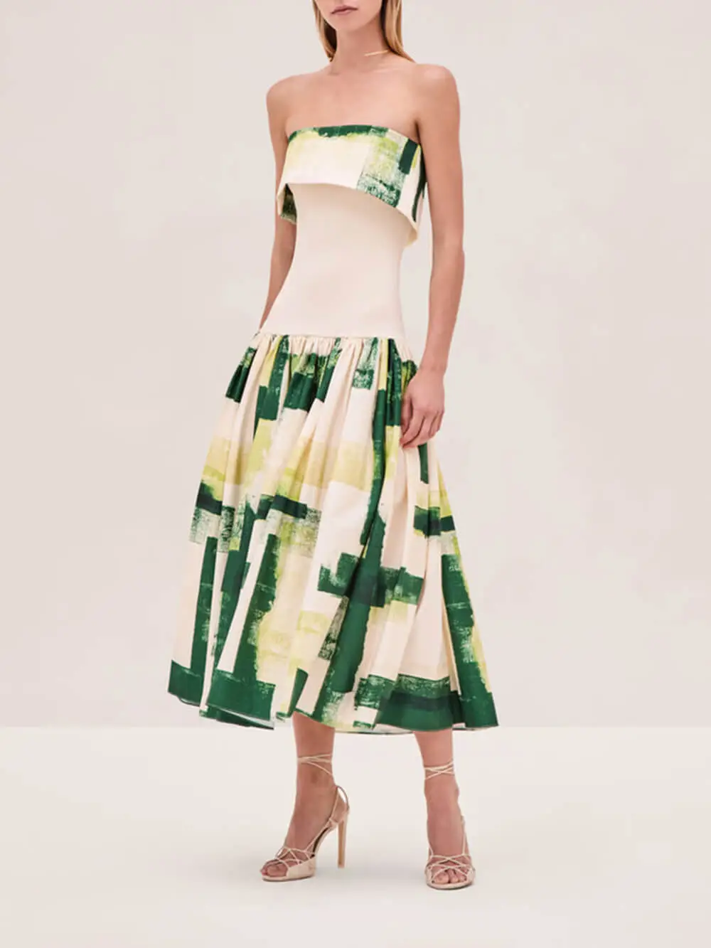 Elegant Printed Strapless Ribbed Fitted Midi Dress