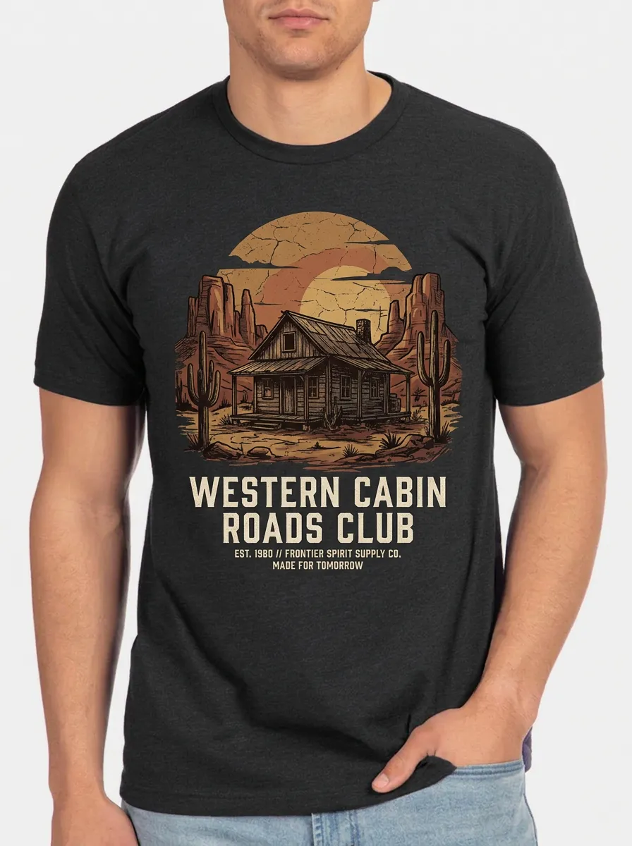 Men's Crewneck Rugged Terrain Western Cabin Desert Landscape Graphic T-Shirt