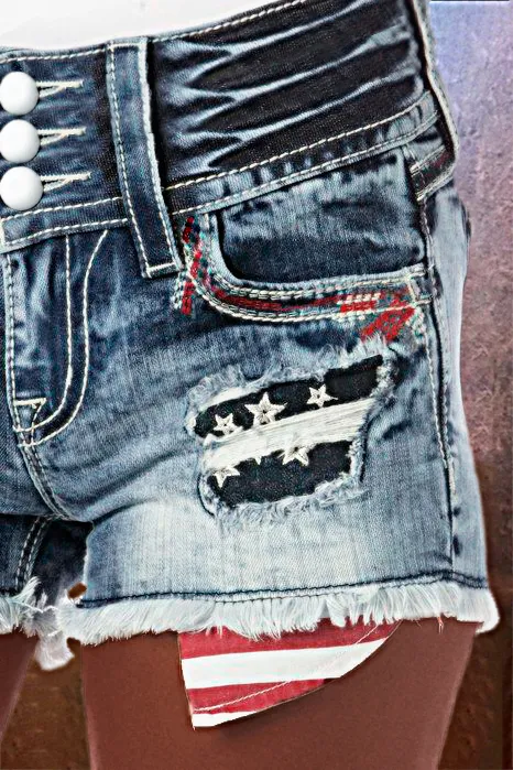 American Flag Patched Button Fly Raw Hem Denim Shorts