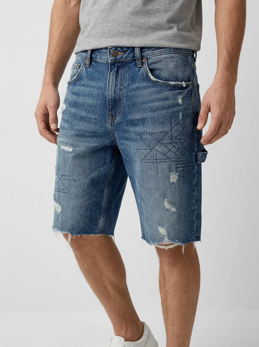 Men's Geometric Distressed Raw Hem Distressed Denim Shorts