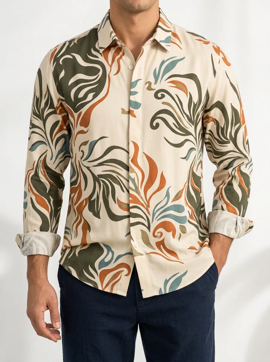Men's Tropical Botanical Abstract Art Print Long Sleeve Shirt
