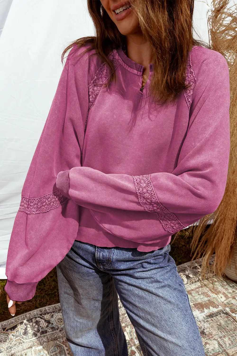 Easygoing Relaxed Patchwork Mineral Wash Lace Detail Sweatshirt