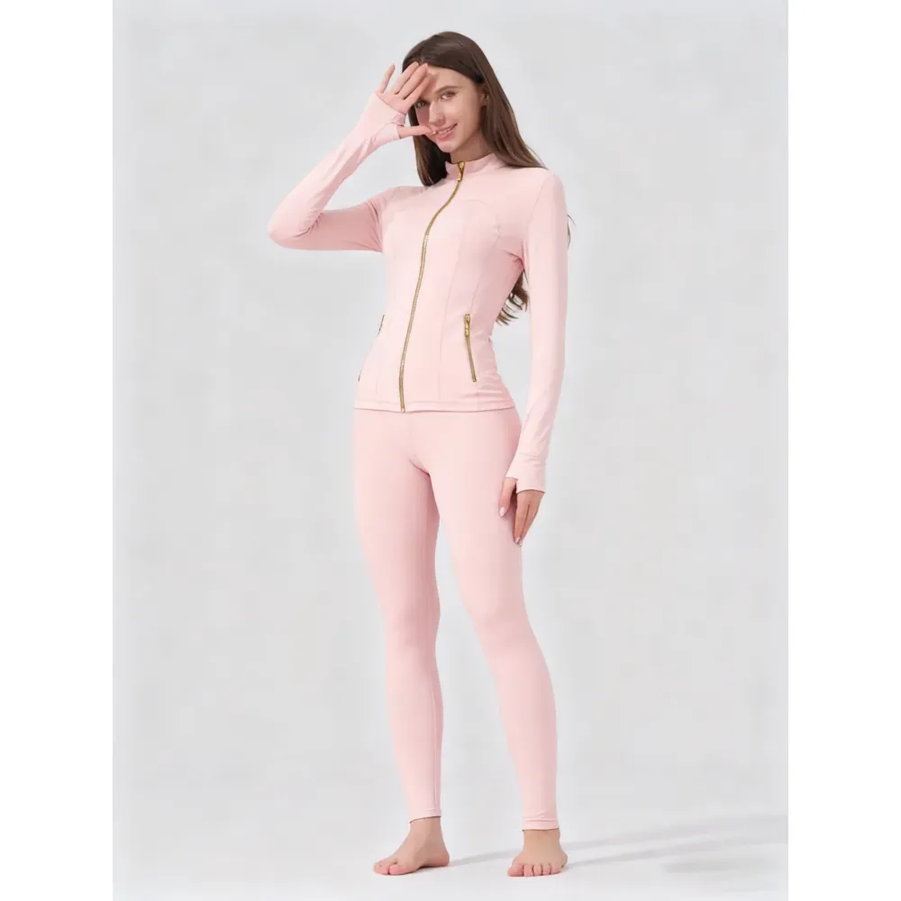 【Golden Zipper】【Gardenia Fragrance】Soft Brushed Women's Sporty Jacket, 25'' Inseam Leggings. Golden Zipper Jacket with Pockets, Yoga Pants, Thumbholes Design, Casual Wear for Women