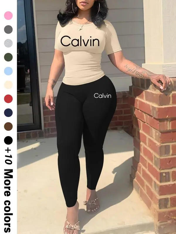 Calvin Letter Printing Women’s Casual Two-Piece Set Trendy Crop Top & Shorts | Lightweight Fabric | Effortless Summer Comfort