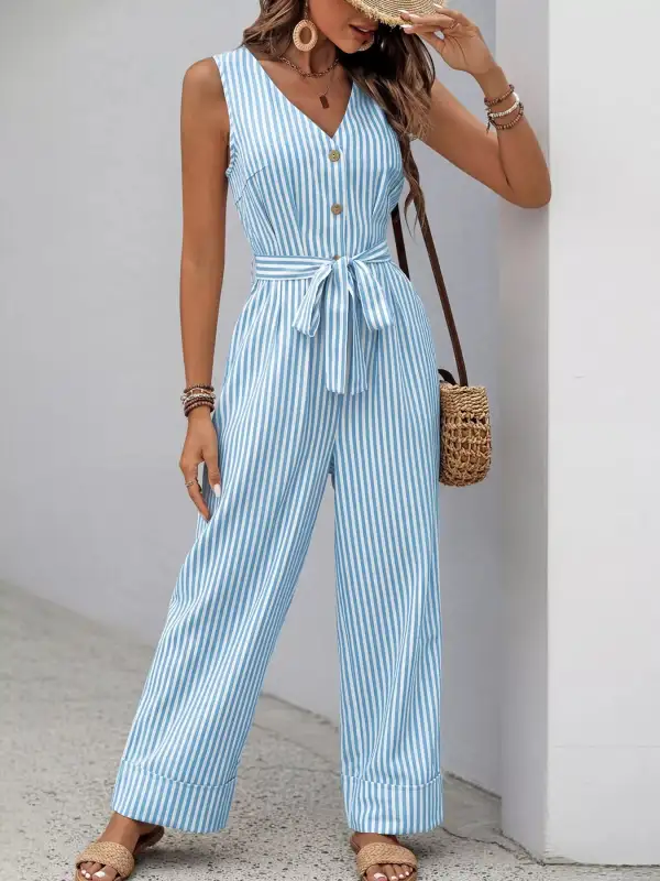 Striped Button Front Tie Waist Wide Jumpsuit