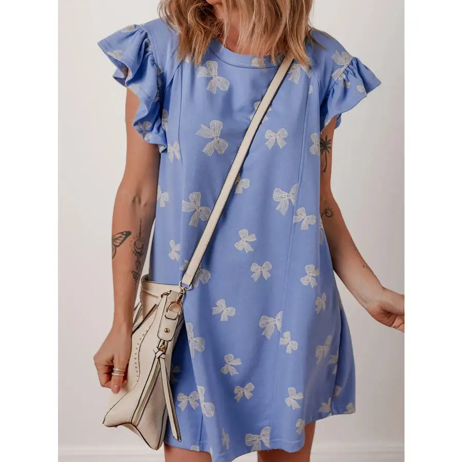 Bow Knot Crewneck Ruffled Sleeve Shift Mini Dress